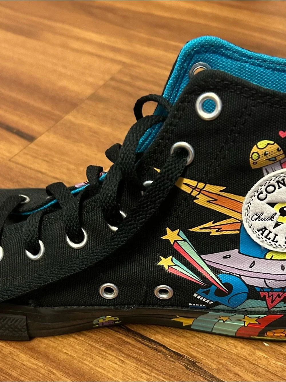 Converse Kids Black & Teal High-Top Sneakers with Colorful Cartoon Graphic